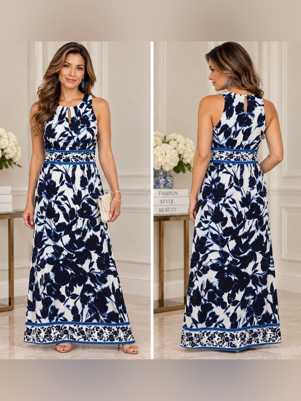 London Times Black and Blue Floral Maxi Dress